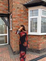 Mesh split sleeve maxi dress in dark red bloom