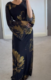 Tie back floral chiffon dress in olive green