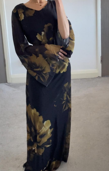 Tie back floral chiffon dress in olive green