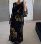 Tie back floral chiffon dress in olive green