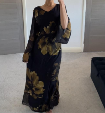 Tie back floral chiffon dress in olive green