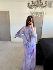 Frill over lay chiffon maxi dress in lilac tie dye