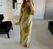Tie detail & tie back mesh maxi dress in palm green ombre
