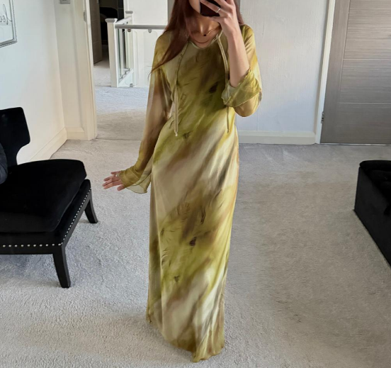 Tie detail & tie back mesh maxi dress in palm green ombre