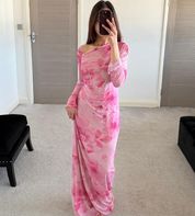 Slash neck mesh maxi dress in vibe pink
