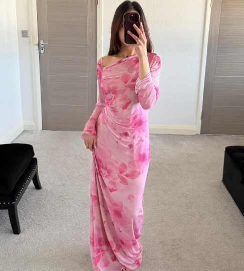 Slash neck mesh maxi dress in vibe pink