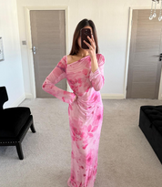 Slash neck mesh maxi dress in vibe pink