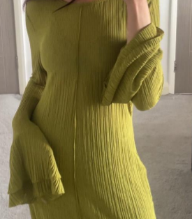 Sheer pleated thick & thin double frill sleeve maxi in olive green