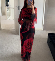 Printed Flared Sleeve Mesh Maxi Dress