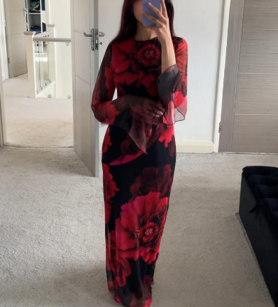 Printed Flared Sleeve Mesh Maxi Dress