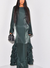 ruffle shimmer satin tie back occasion dress