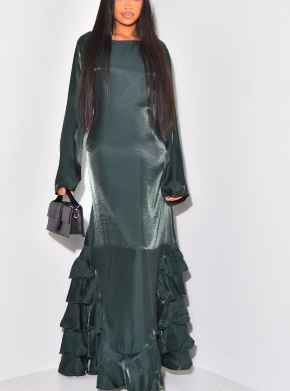 ruffle shimmer satin tie back occasion dress