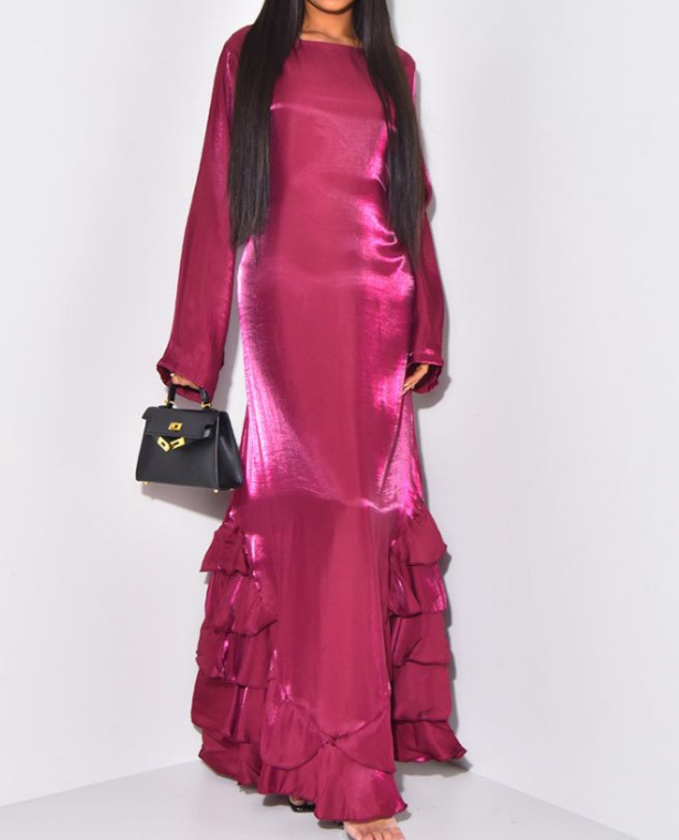 ruffle shimmer satin tie back occasion dress