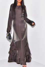 ruffle shimmer satin tie back occasion dress