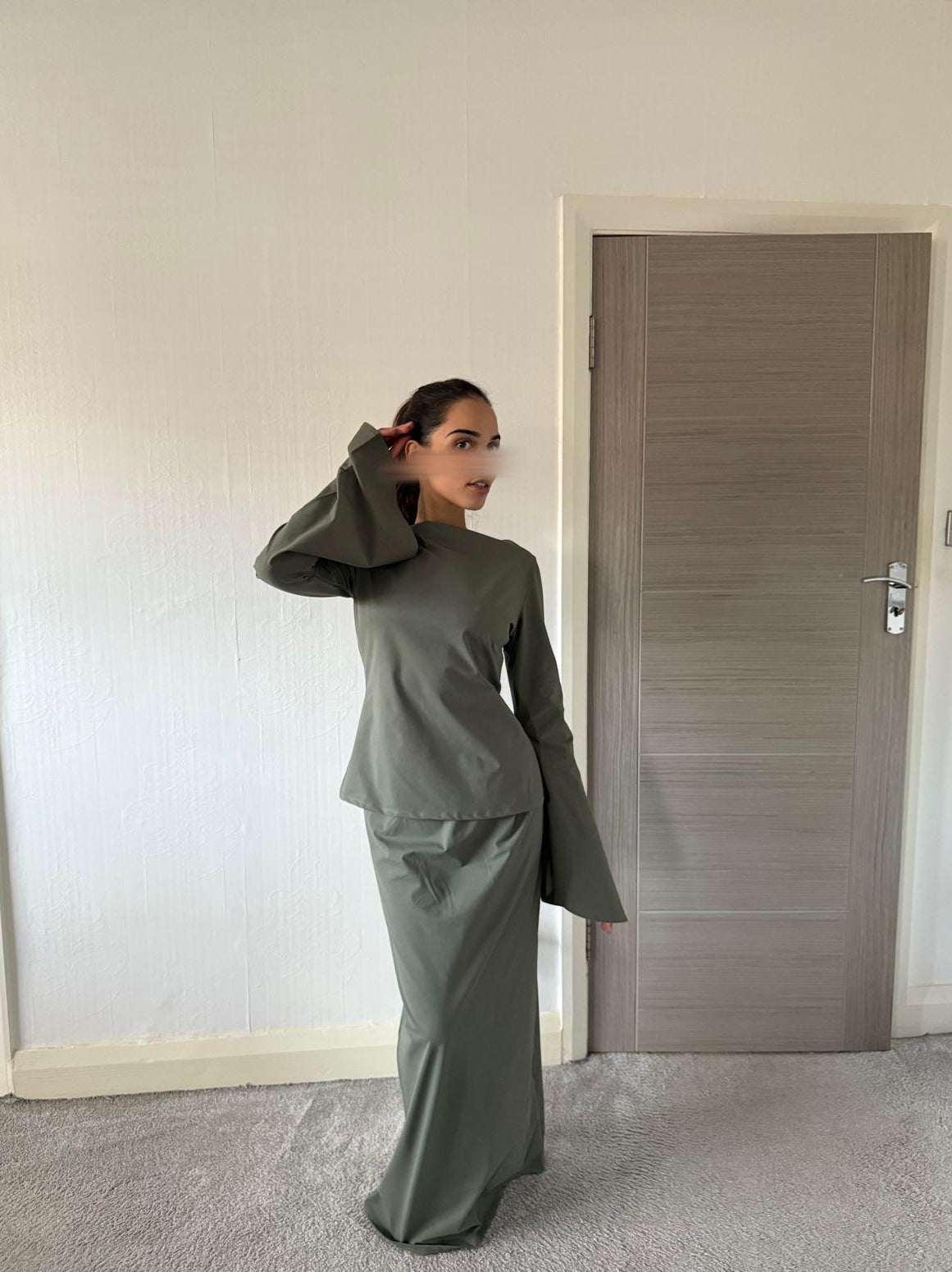 Stretch woven modest bell sleeve top and a line maxi skirt