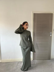 Stretch woven modest bell sleeve top and a line maxi skirt