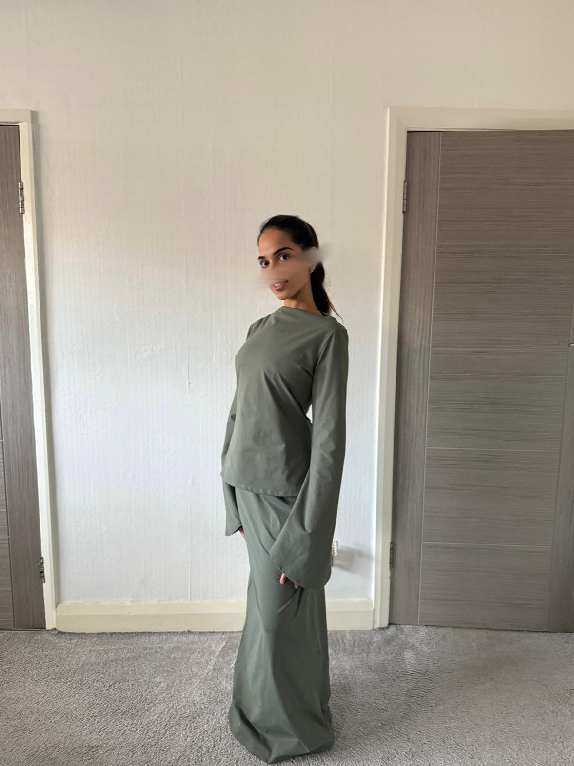 Stretch woven modest bell sleeve top and a line maxi skirt
