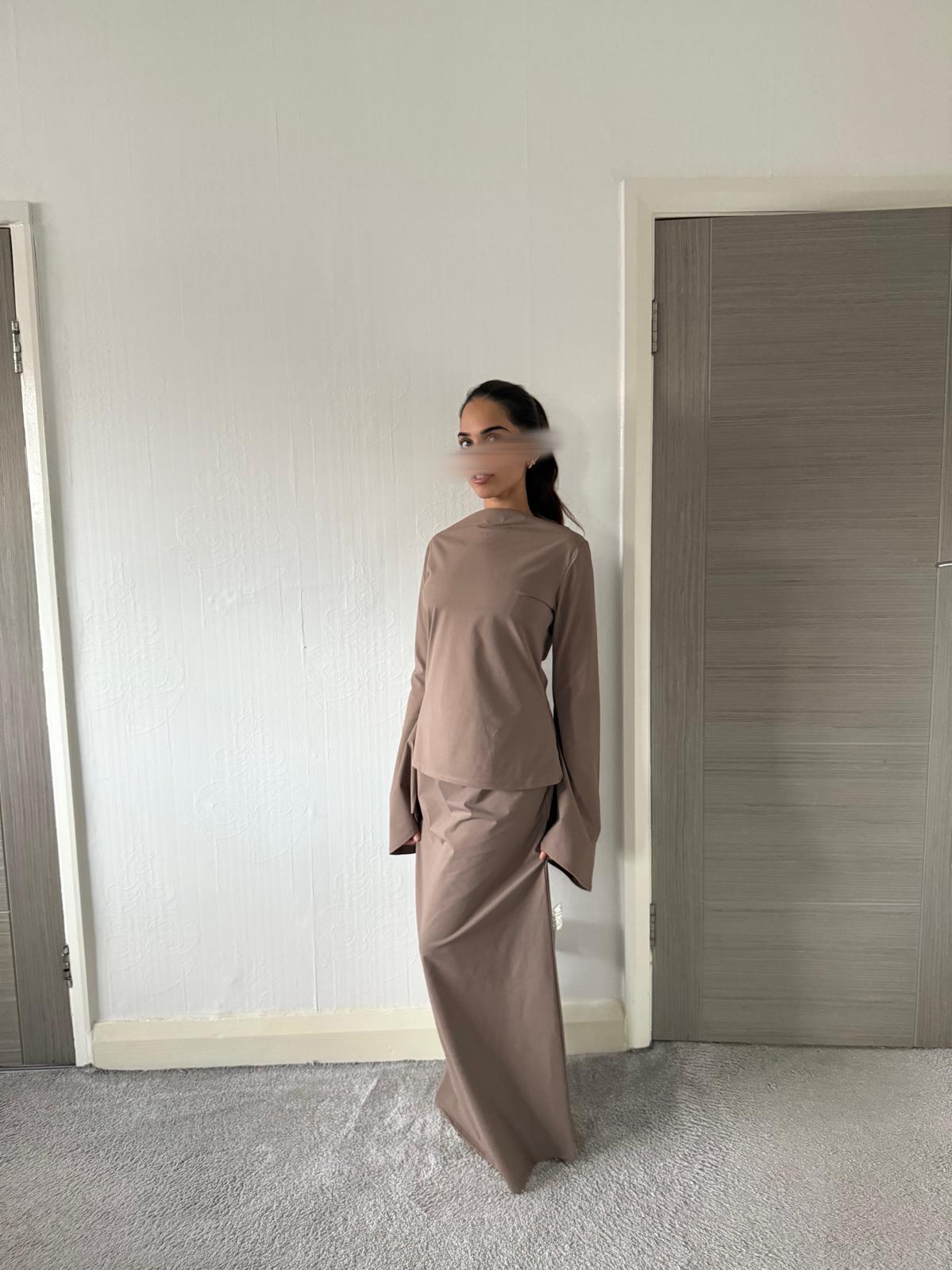 Stretch woven modest bell sleeve top and a line maxi skirt
