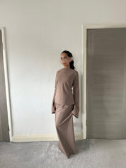 Stretch woven modest bell sleeve top and a line maxi skirt