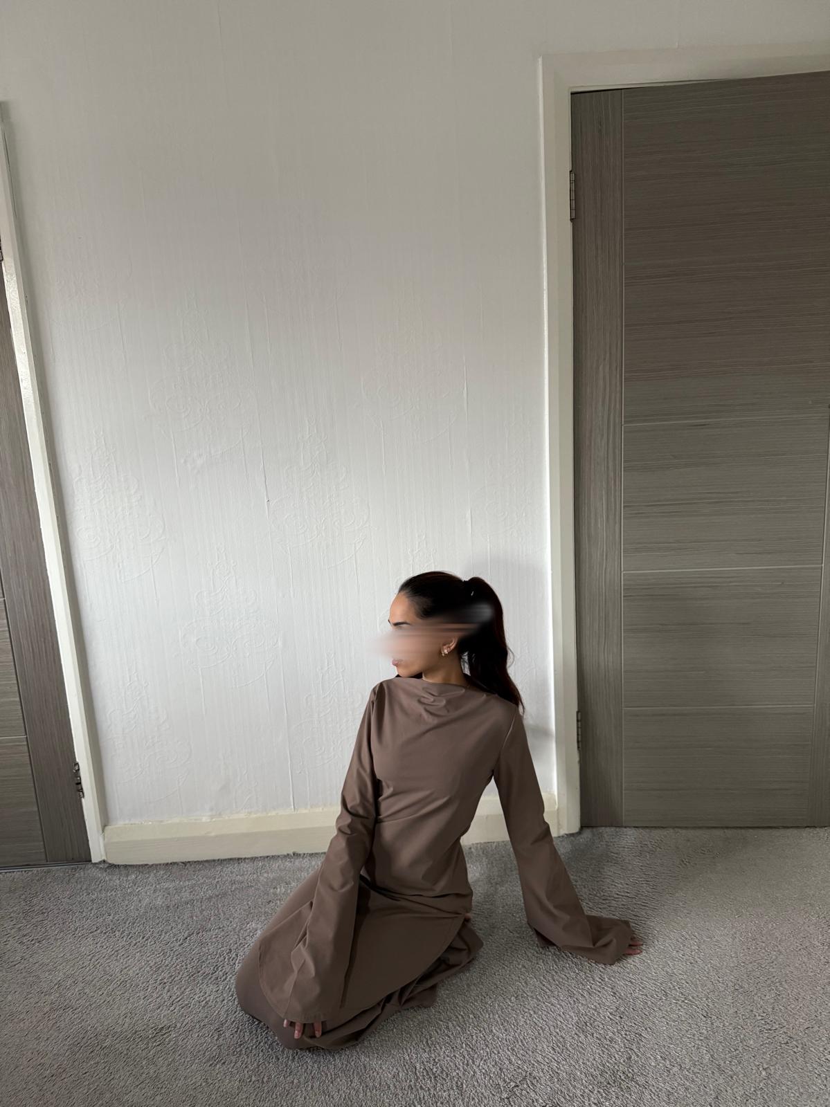 Stretch woven modest bell sleeve top and a line maxi skirt