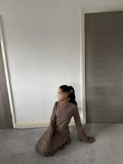 Stretch woven modest bell sleeve top and a line maxi skirt
