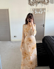 Tie back chiffon dress in yellow bloom floral