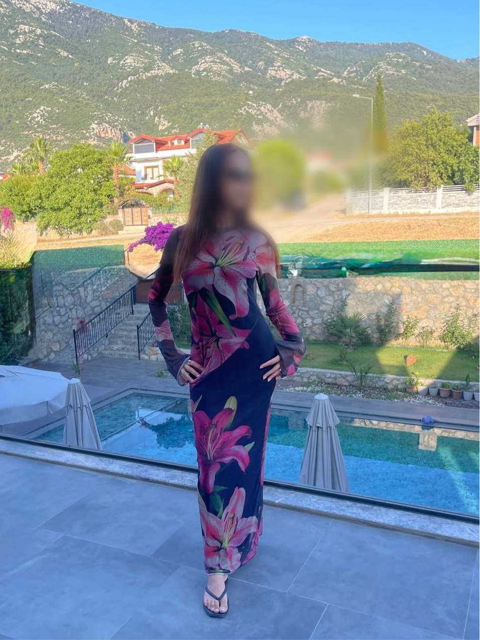 Printed modest mesh dress in florals