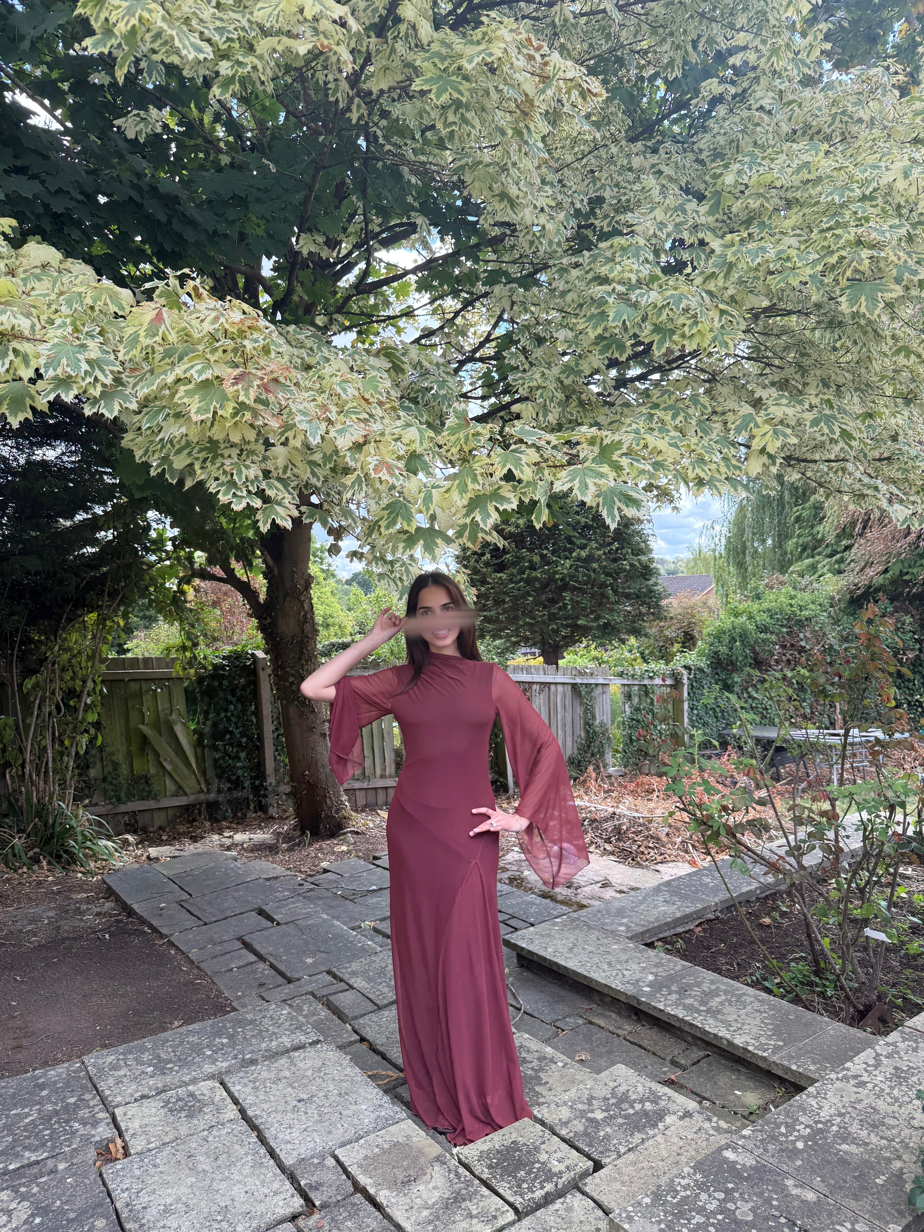 Princess seam mesh maxi dress in plum