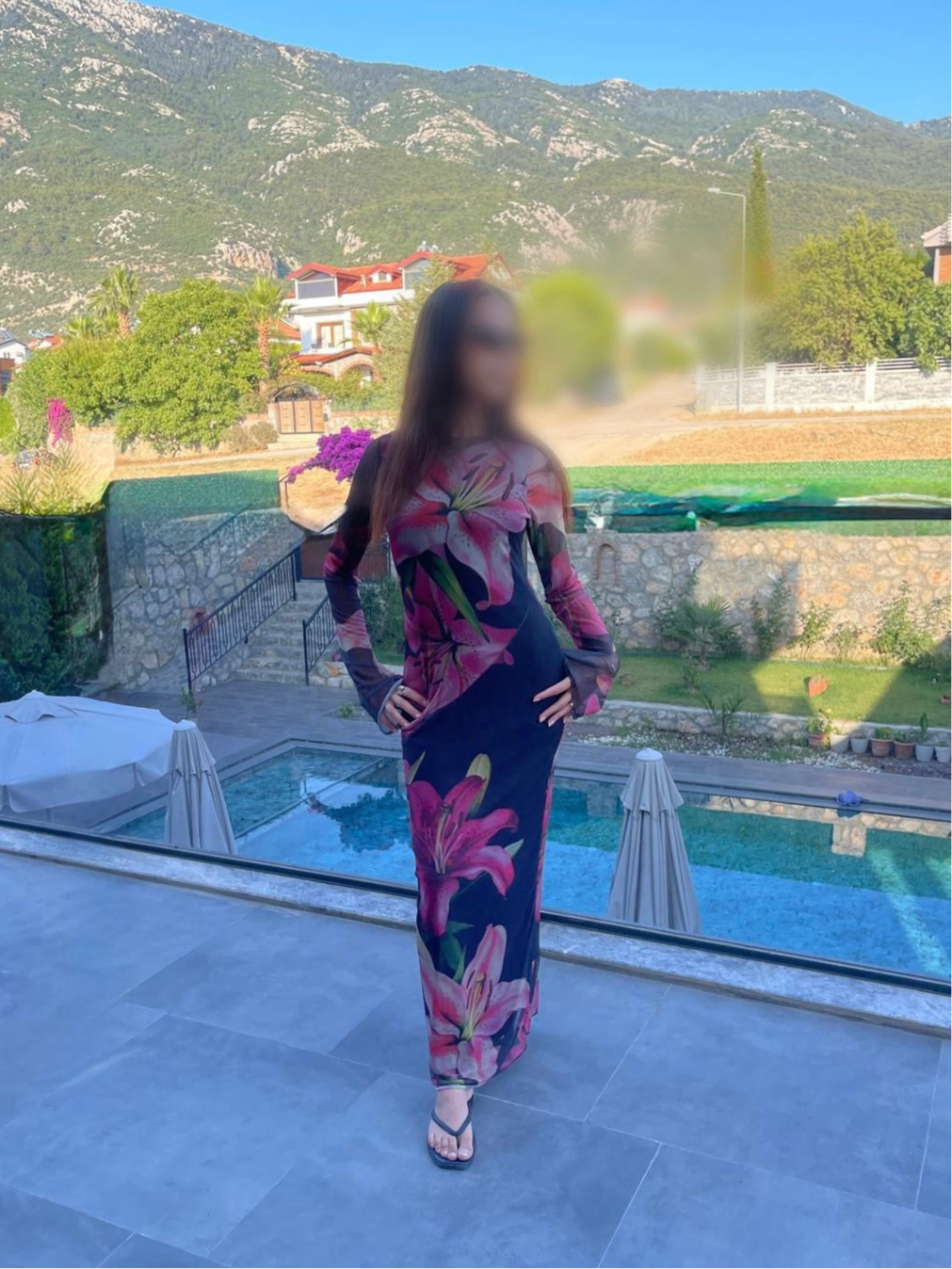 Printed modest mesh dress in florals