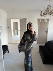 Blurred leaf print woven tie back dress