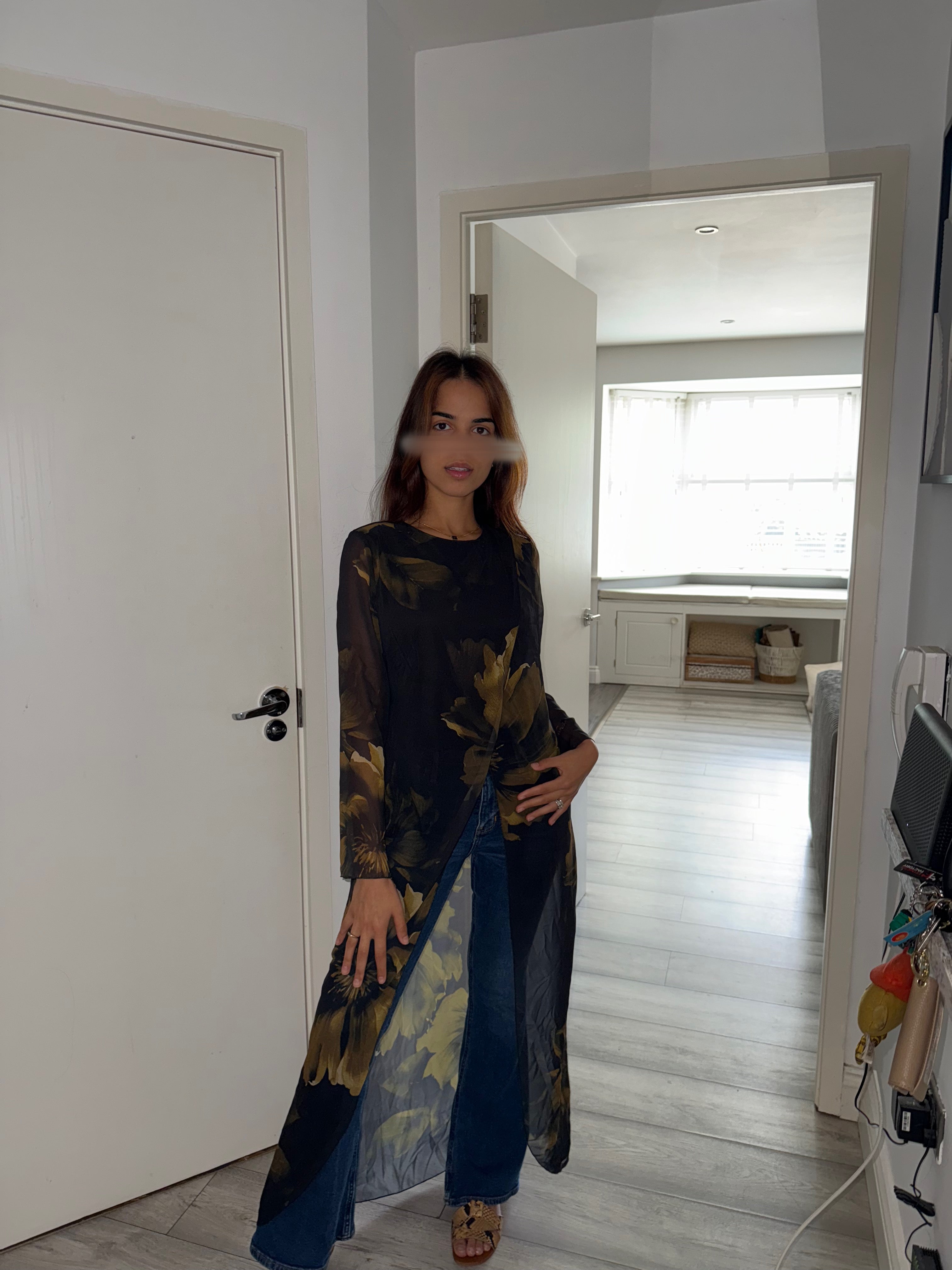 Modest long top dress in green olive bloom