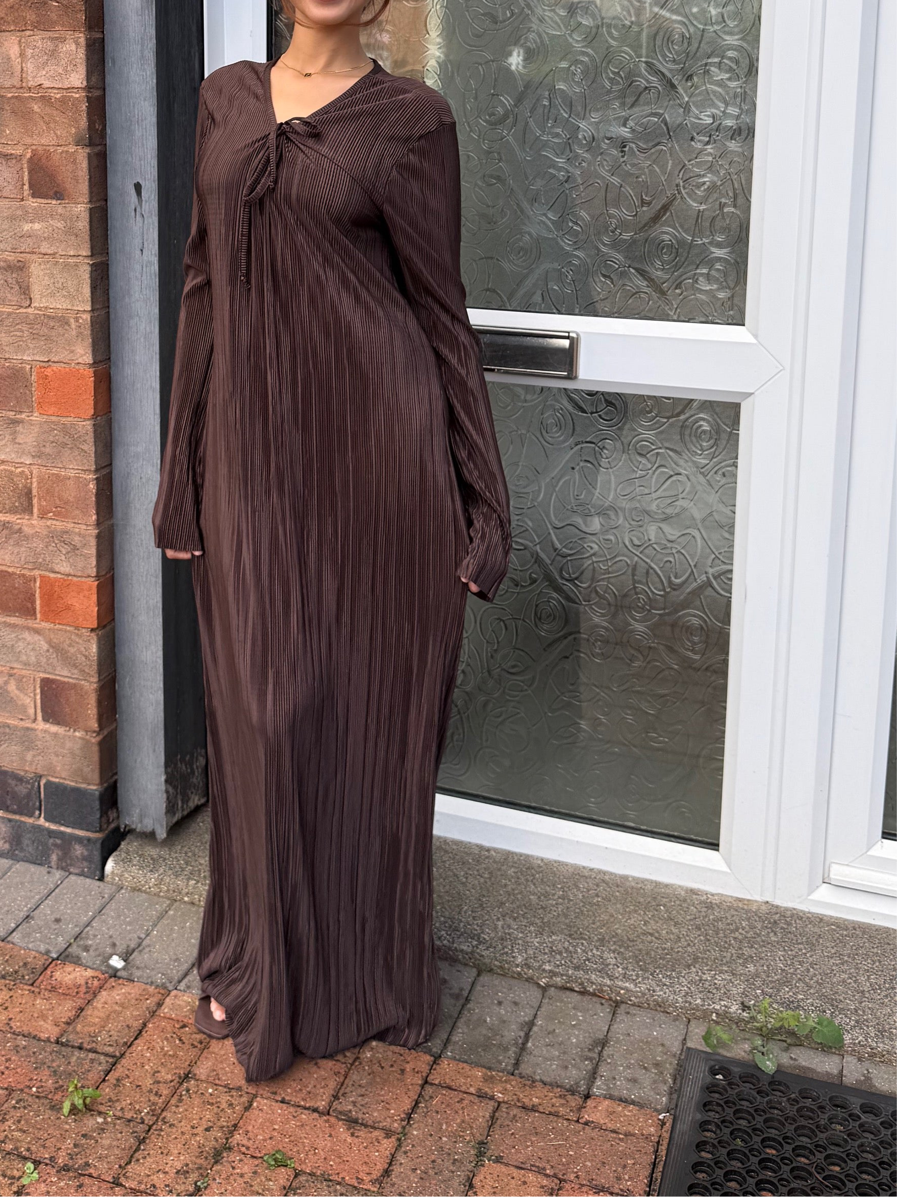 Pleated tie front maxi dress in espresso brown