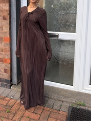 Pleated tie front maxi dress in espresso brown