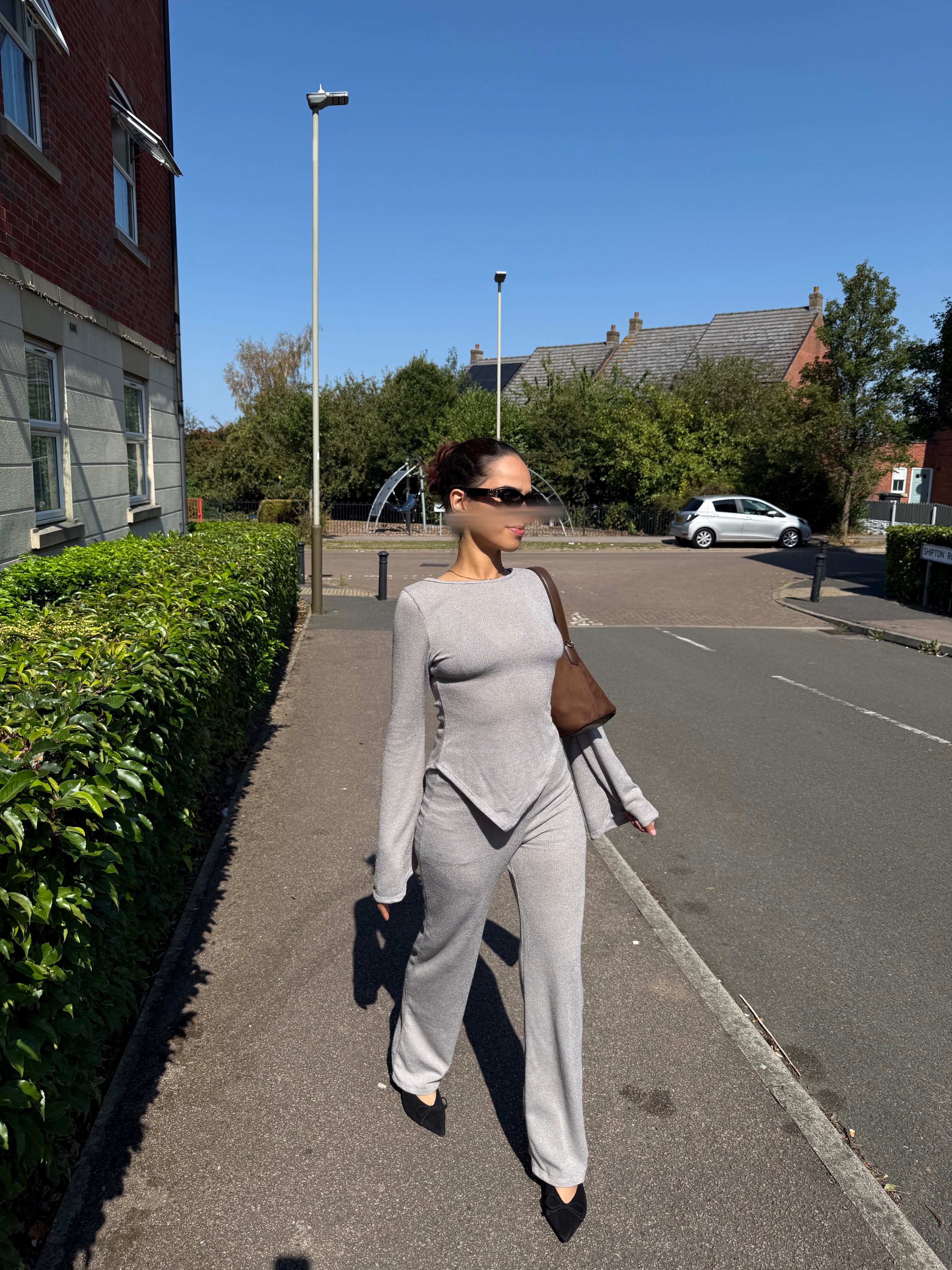 Asymmetric top and straight leg co ord set in soft rib