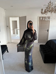 Blurred leaf print woven tie back dress