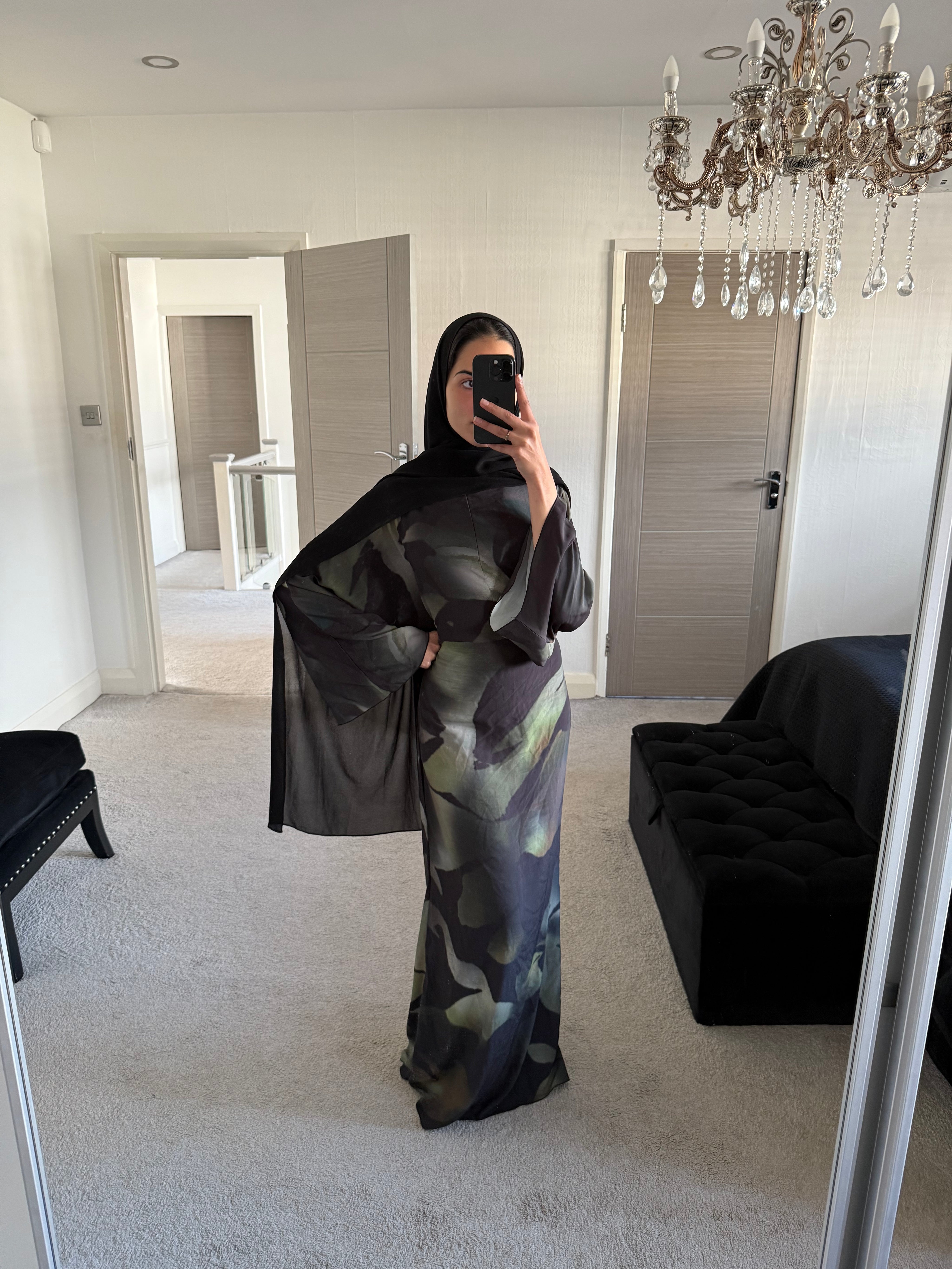 Blurred leaf print woven tie back dress