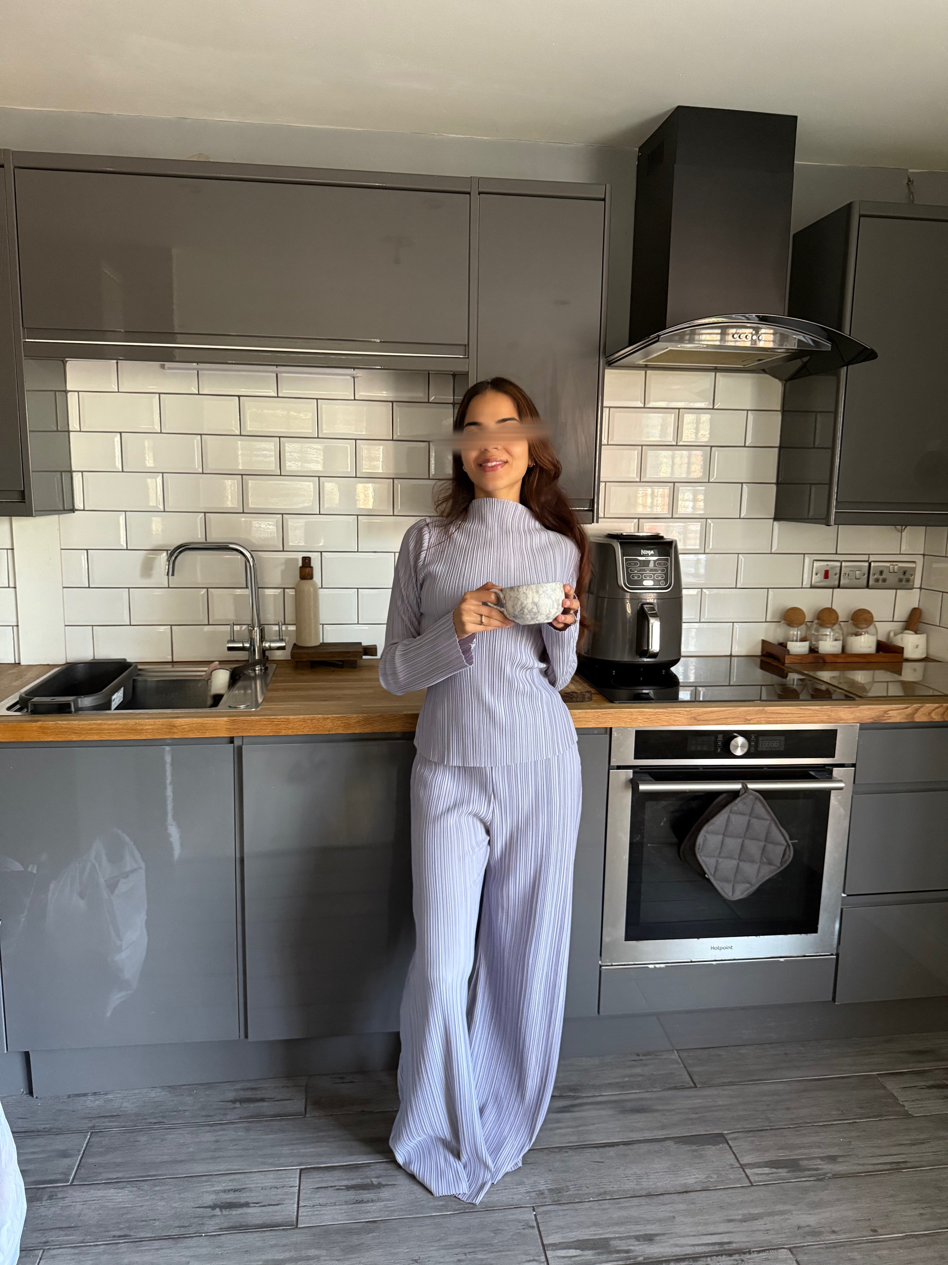 Pleated grown neck detail top & wide leg pant