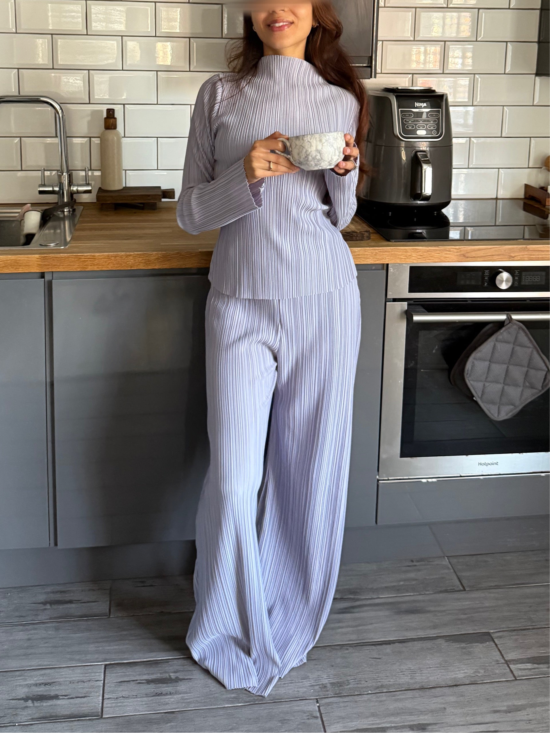 Pleated grown neck detail top & wide leg pant