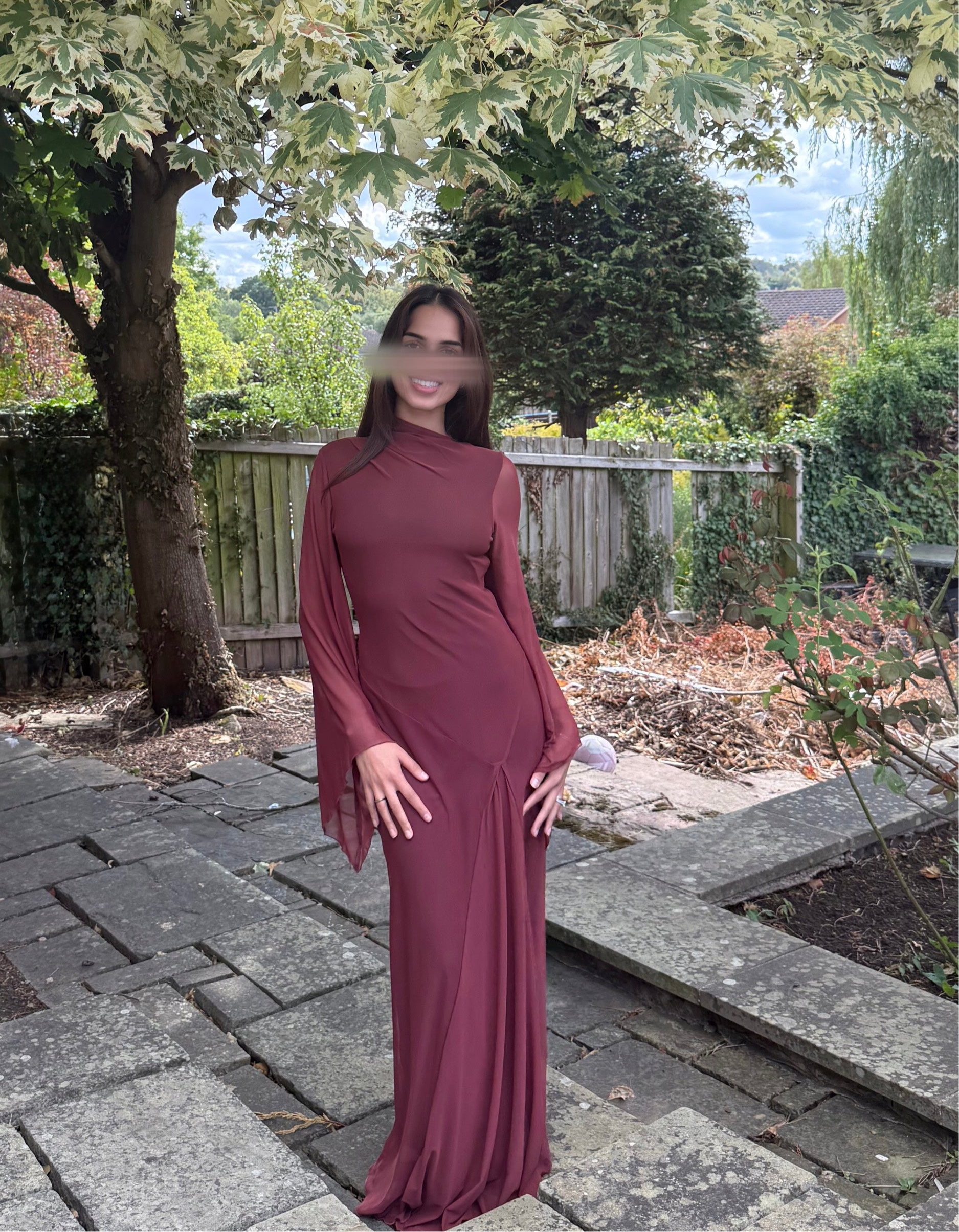 Princess seam mesh maxi dress in plum