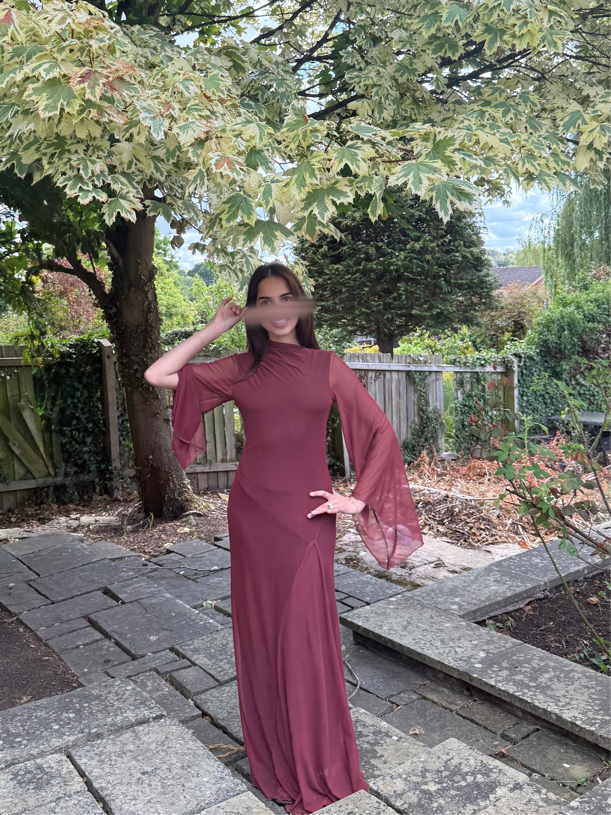 Princess seam mesh maxi dress in plum