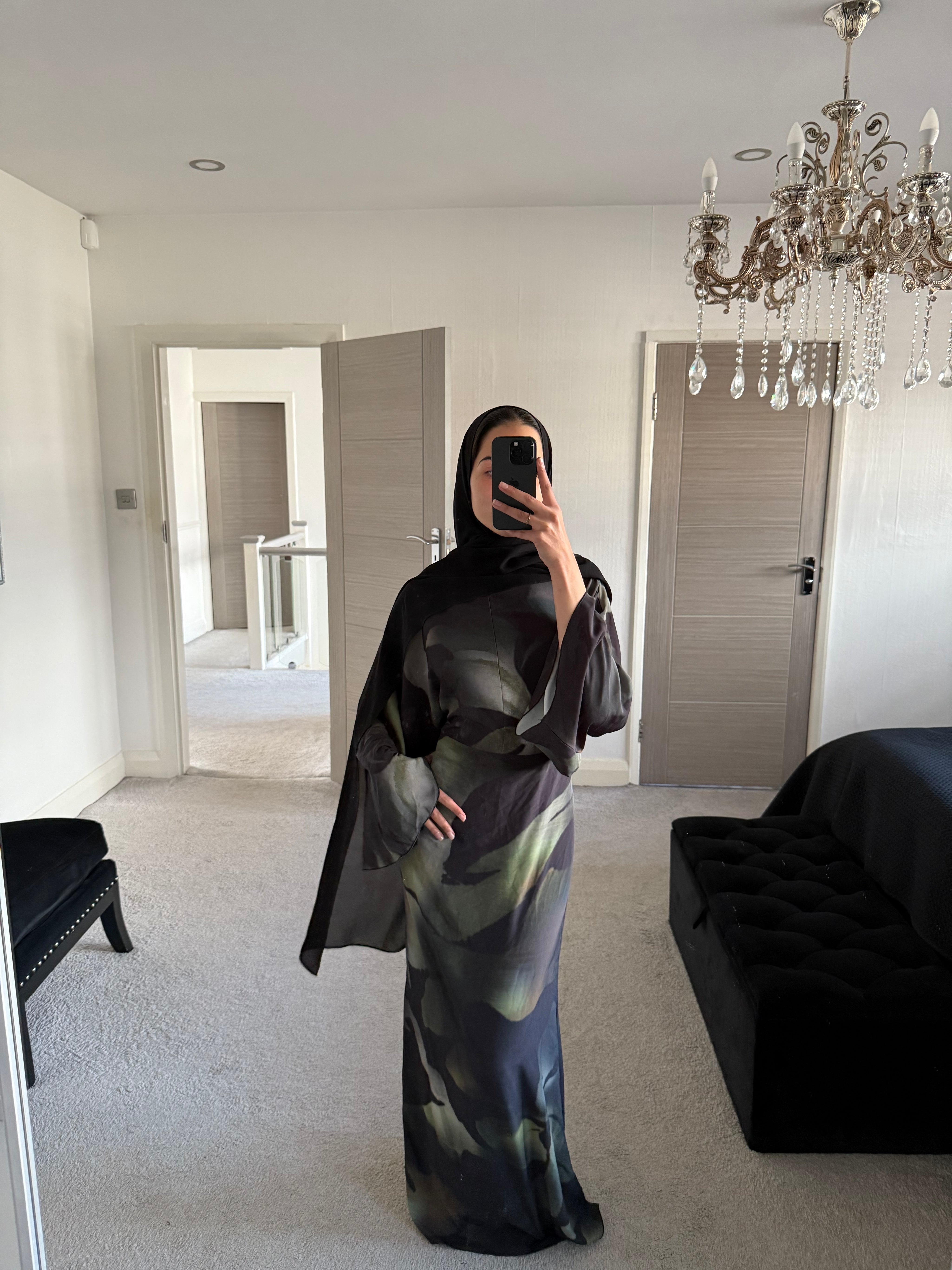 Blurred leaf print woven tie back dress