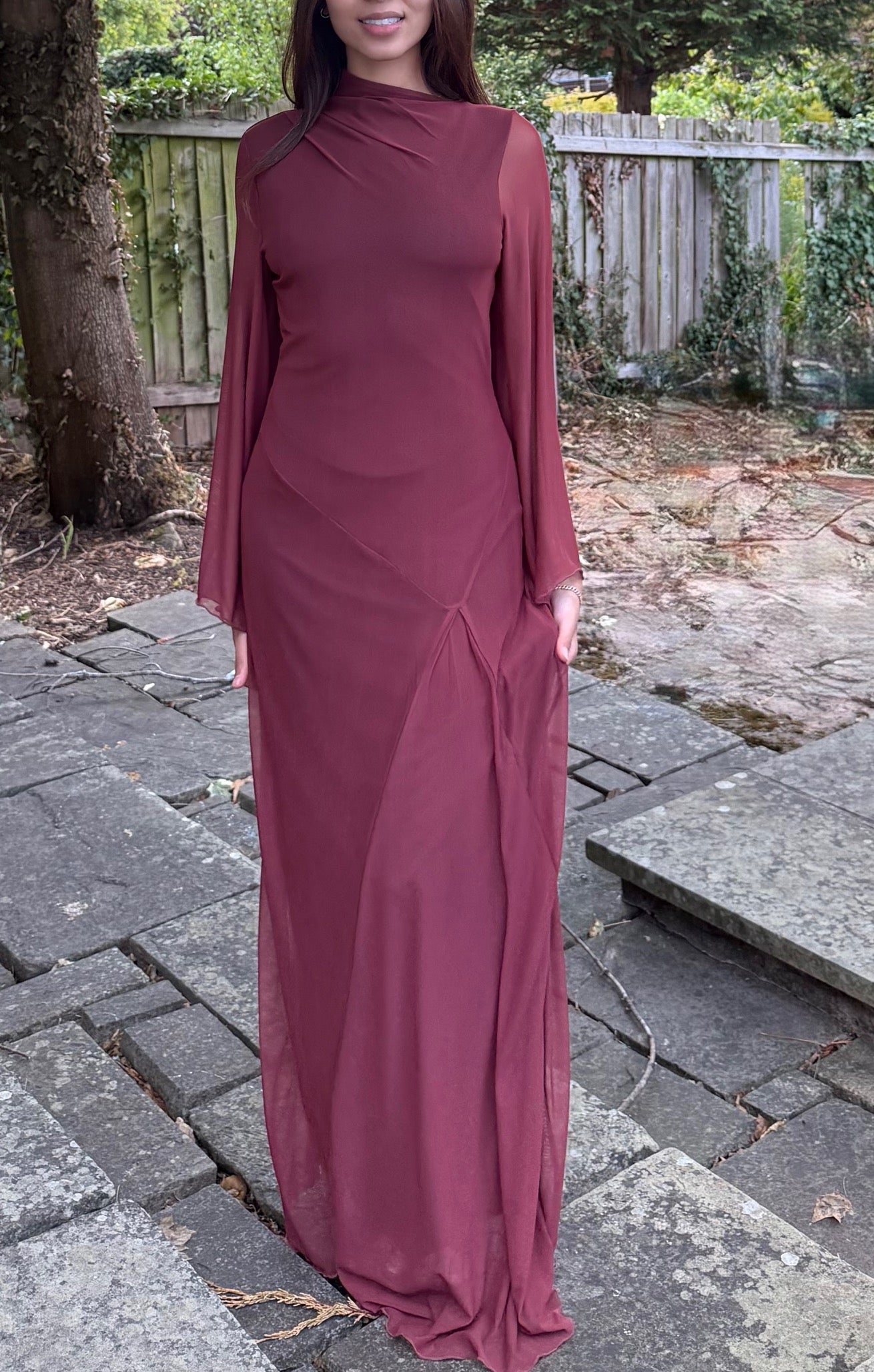 Princess seam mesh maxi dress in plum