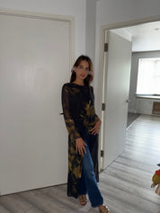 Modest long top dress in green olive bloom