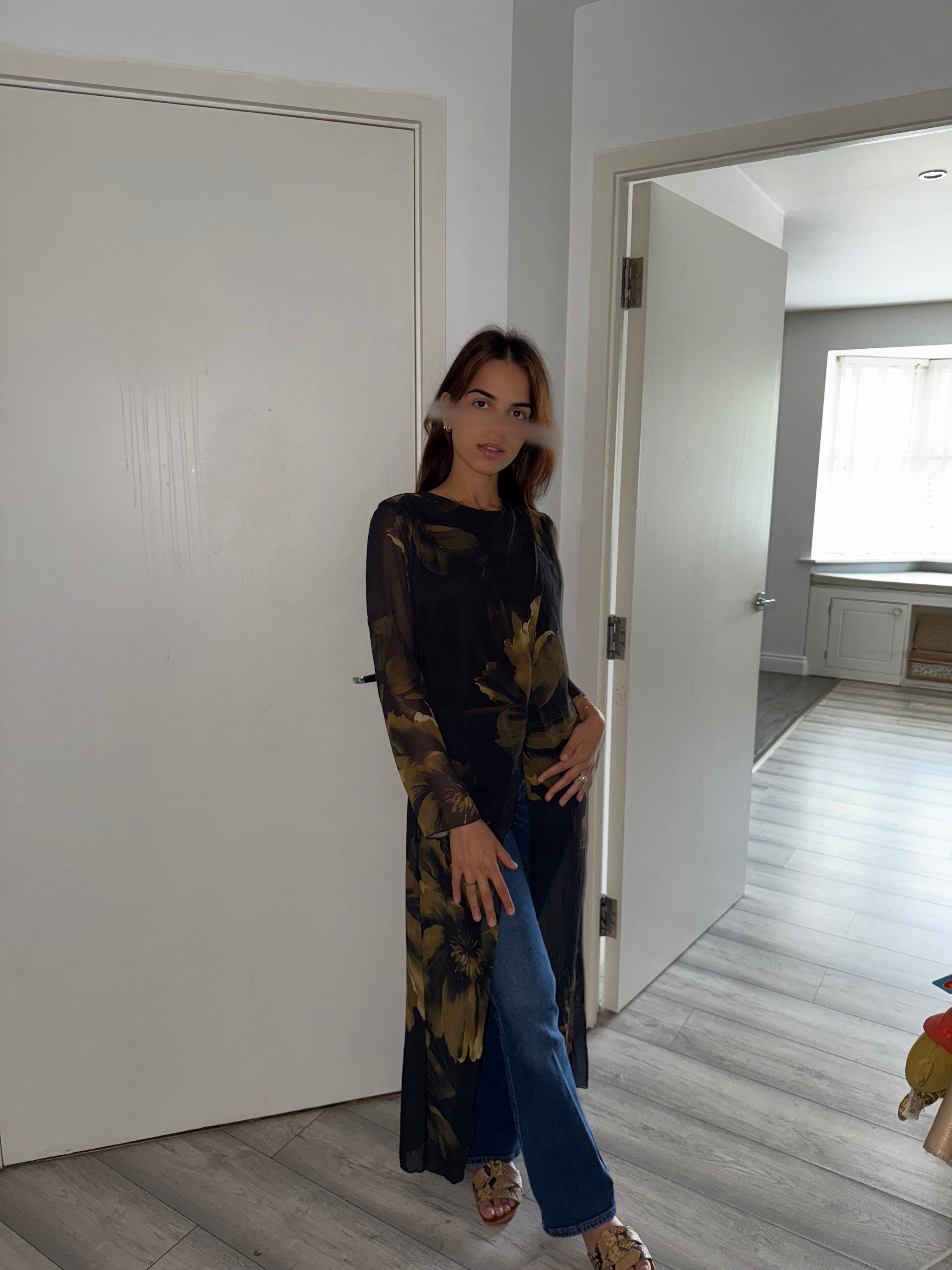 Modest long top dress in green olive bloom
