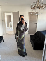 Blurred leaf print woven tie back dress