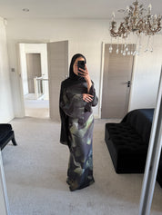 Blurred leaf print woven tie back dress