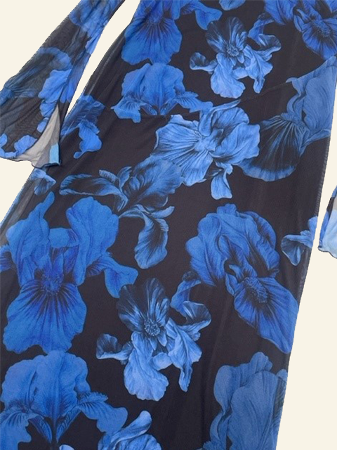 seam detail printed floral mesh dress in blue