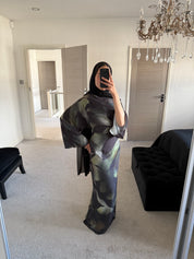 Blurred leaf print woven tie back dress