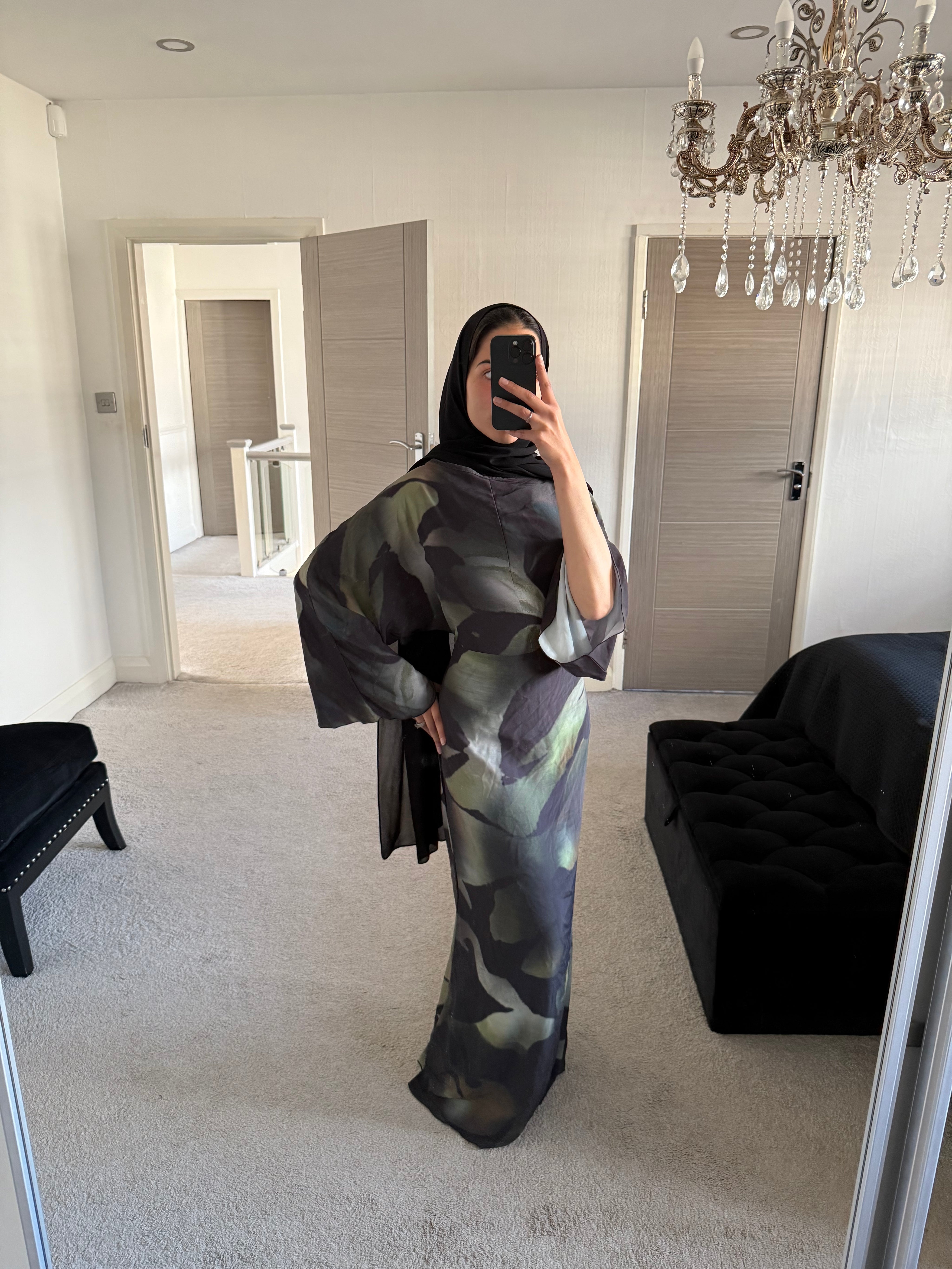 Blurred leaf print woven tie back dress