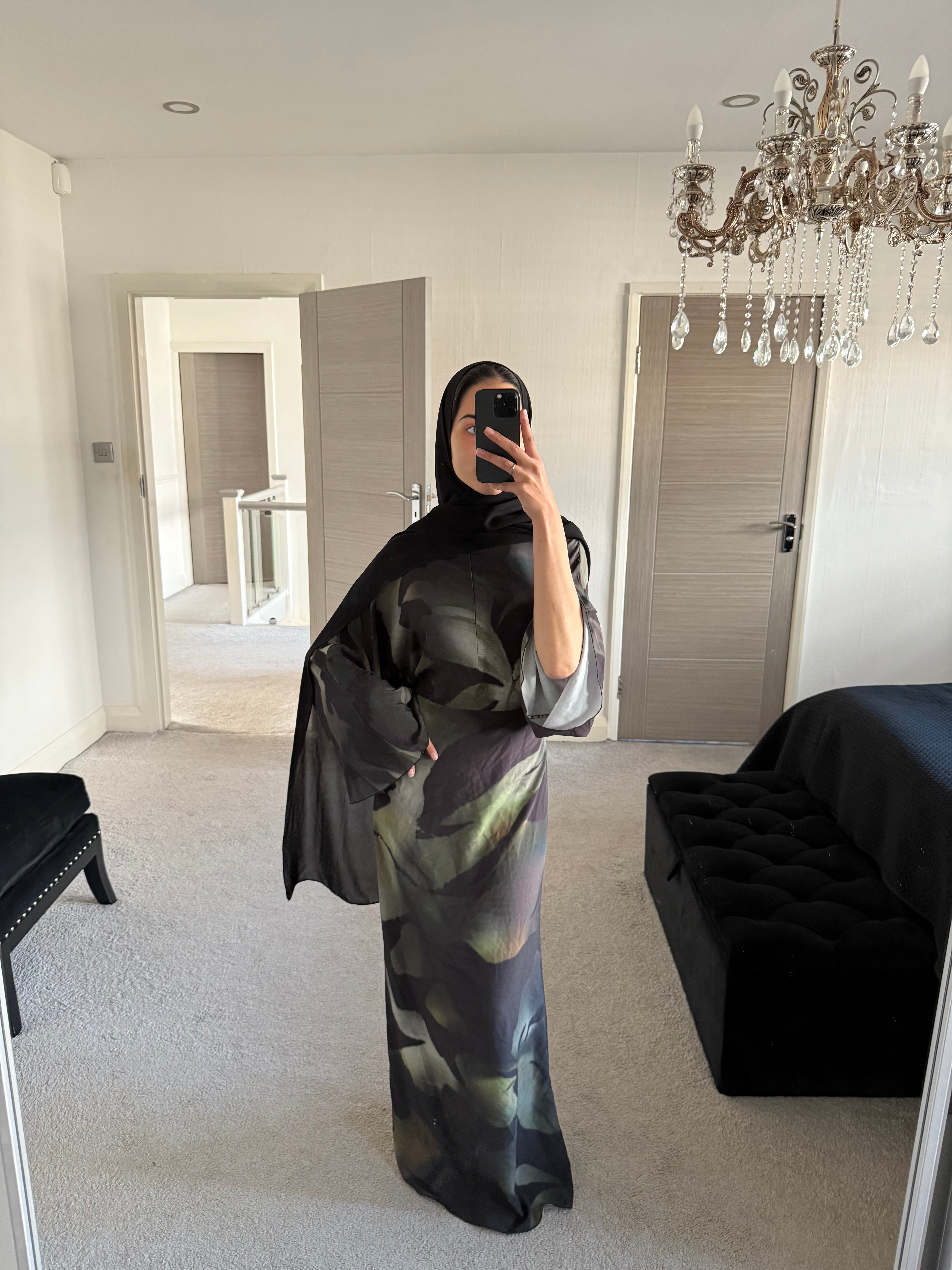 Blurred leaf print woven tie back dress